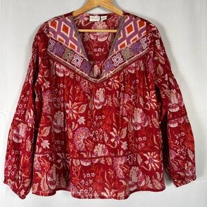 Rachel Zoe Tunic Top Red Floral Embroidery Boho Peasant Eyelets Balloon Sleeve M
